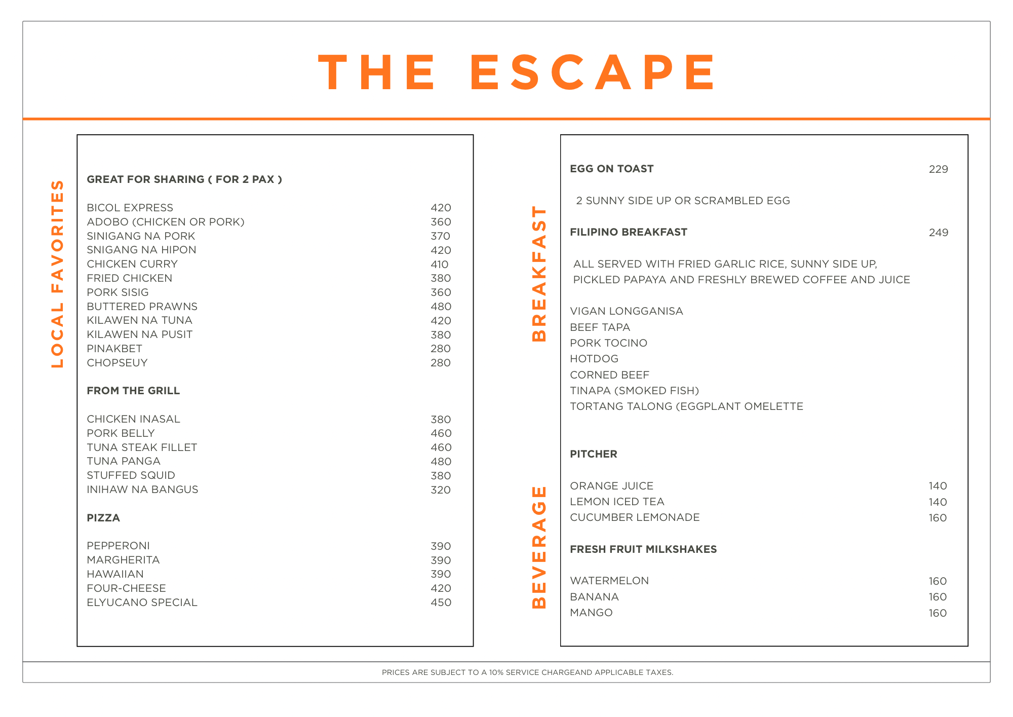 The escape san juan official menu
